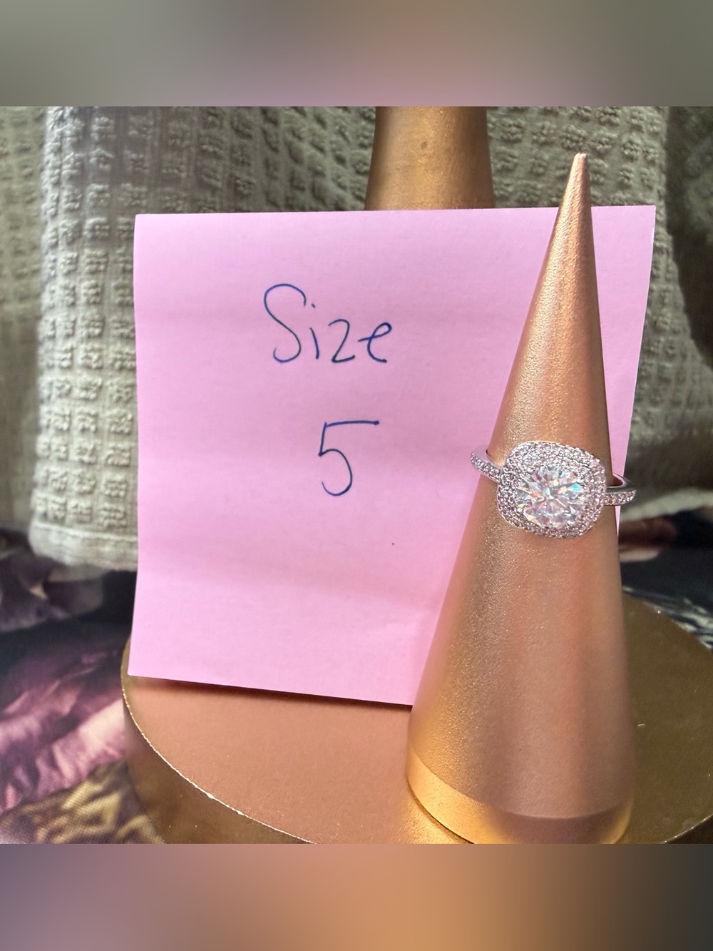 Silver Moissanite Halo Engagement Ring with Clear Center Stone - Size 5